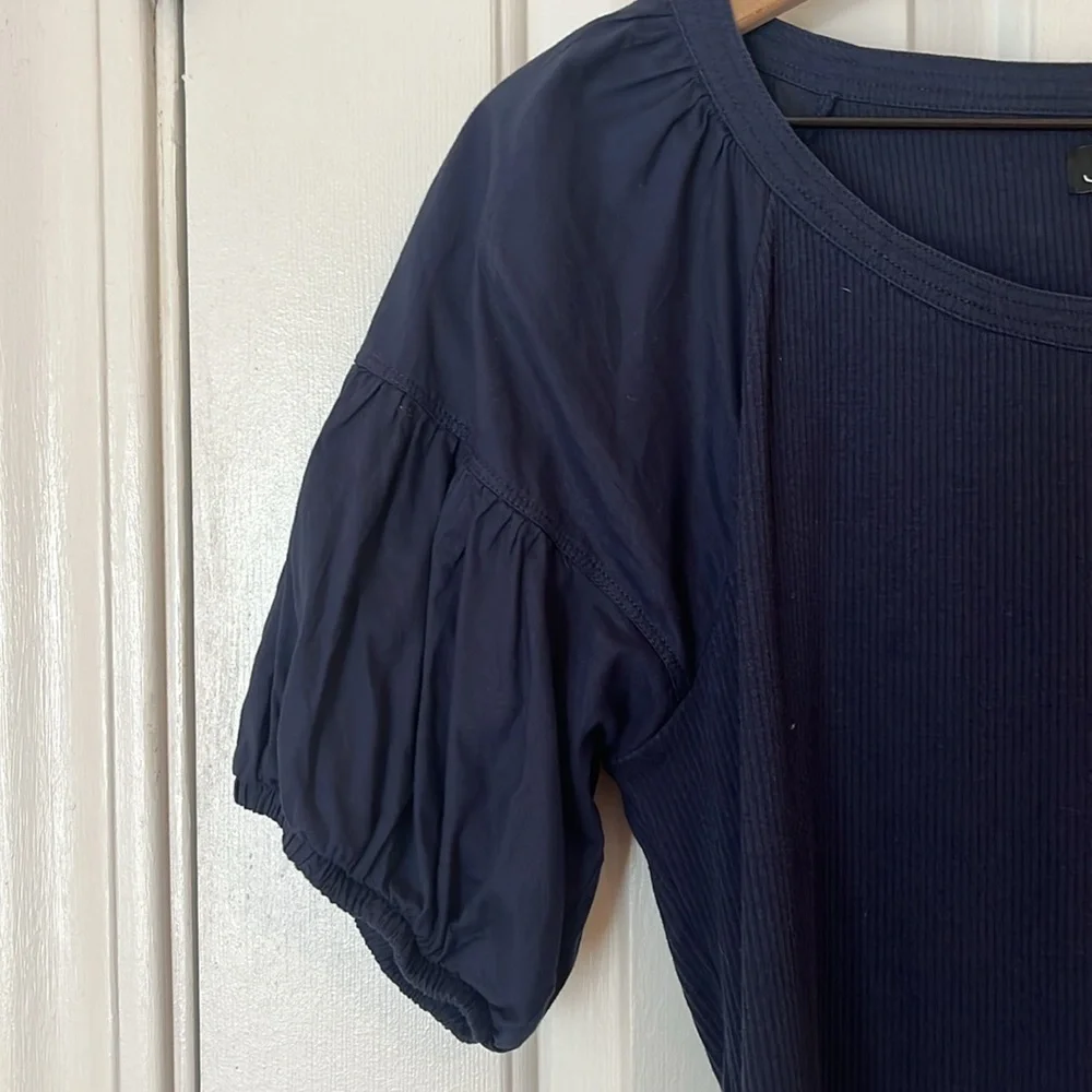 J.Crew | 2023 Vintage Rib Puff-Sleeve Top‎ Size Large Navy Blue BP085 Cotton